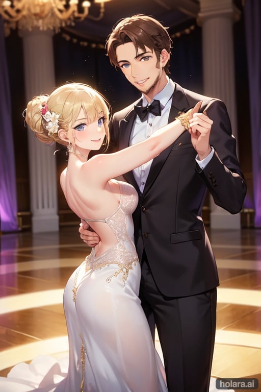 Image of young guy, blue eyes, shoulder-length brown hair, slim goatee, good looks, handsome, smiling, statuesque, American European descent, white skin, aristocrat, gentle smile, young woman, spanish descent, smiling, brown eyes, short, (long ash blonde hair,) beautiful, long dress, slim, medium breast, dancing+, ballroom+++, (flower in her hair,) gentle smile, in love, golds, reds, black, violets, yellow-orange, purple, 