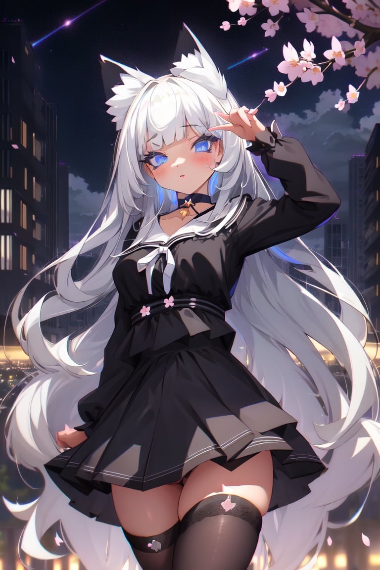 Image of 1girl, solo, high quality, cityscape, cinematic lighting, dancing, masterpiece, iridescent, long hair, atmospheric, starry sky, long eyelashes, garden, night sky, gradient eyes, white hair, split-color hair, black hair, multicolored hair, gradient hair, blunt bangs, long hair, layered hair, absurdres, scenic, starry sky, symbolism, cat ears, choker, thigh highs, skirt, perfect anatomy, long eyelashes, outdoors, original, ribbon, cherry blossoms, nature, park, flowers, chromatic aberration, negative space, soft lighting, clouds, starry sky, galaxy, rain, purple, pink, blue, green, dreamcore, liminal space, colorful background, monochrome character, starry sky at dawn, colorful painting, procreate (medium), 4k wallpaper, rainbow, lens flare, blur, multiple moons, layered shirt, skirt, leg warmers, oekaki, pixel art, shooting star, light particles, petals, starry sky