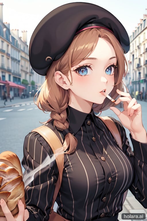 just a french girl smoking and holding a baguete