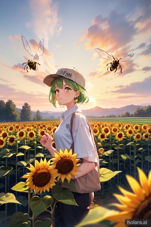 Image of 1girl, sunflower field, orange sky, green hat, white shirt, bees flying around, hills, monet style background, inspired by flower boy cover (tyler the creator album)