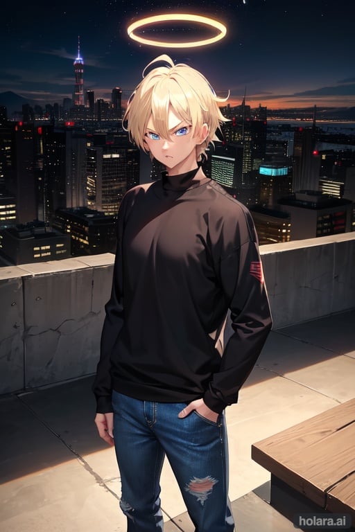 Image of 1Male, 25 Years Old, Blue Eyes, Short Hair, Blonde Hair, black sweatshirt, blue Pants, Jeans. halo. City background. Dragon ball z (series). Middle part hair. Halo. White aura. Determined face, long sleeves. mad. torn clothing., soft lighting. Kioken. Hurt. Bleeding. Battle Scar. scouter (dragon ball). 