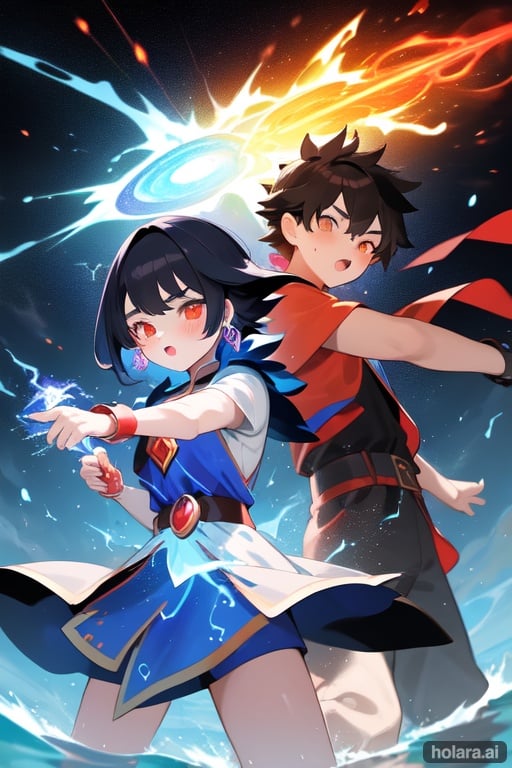 Image of (boy and girl)++, (mage girl and mage boy)++, fire spell, water spell, bright colors, adolescents, dynamic pose, strinking battle pose