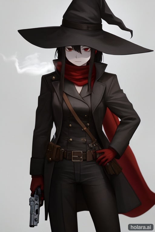Image of 1girl, solo, red scarf, witch hat, smoking, military clothes, holstered revolver