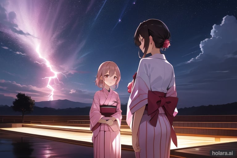 2 girl, lightning, beautiful sky, night,  yukata, sakura