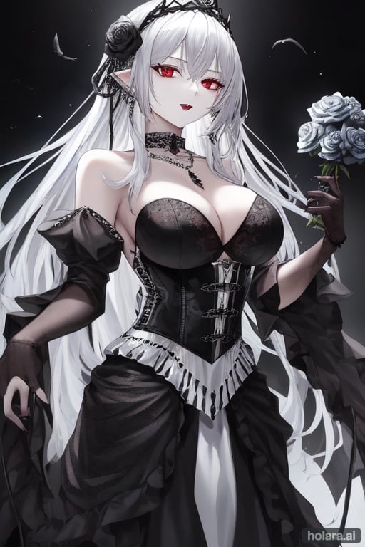Image of Mature woman, solo, silver white hair, long styled hair, rawr, red eyes, fangs, necklace, tiara, black corset dress, large bust, blue rose decorations,