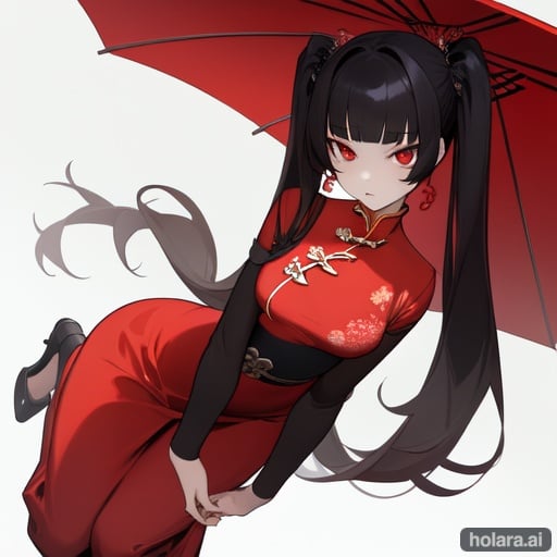 Image of (masterpiece), best quality, expressive eyes, perfect face, 1girl,full body,(detailed face:1.2), masterpiece, fashion, red chinese dress,medium hair, black hair, twintails, blunt bangs, red eyes, outdoors