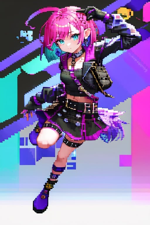 Image of 1girl solo cute, 5finger++ (glitch effect)+++ (gaming pixel)++++ (full body) (8bit pixel)+ (pixel-perfect duplicate), multicolored hair+++, 
Pink hair, colorful, masterpiece, background, gradient hair, blue eyes, braid,