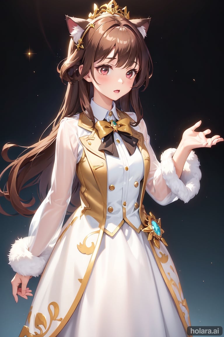 Image of Disney Princess who is a Felpurr cat, medium brown hair, white fur, simple white dress with gold trim and vest, Masterpiece, Best Quality