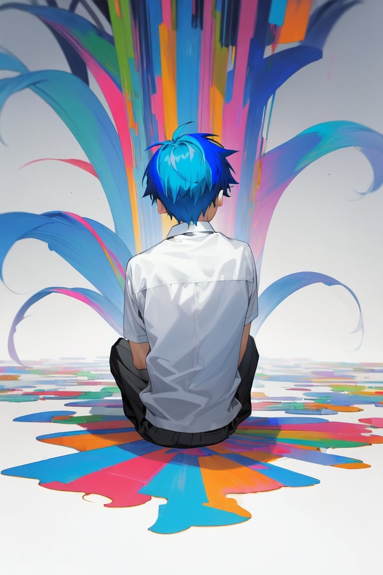 Image of Alone boy, blue hair, multi-colored