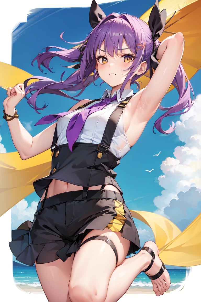 Image of 1girl, solo, intricate detail, jumping, purple hair, yellow eyes, smug, hair ribbon, hair ribbon, tank top, neckerchief, suspenders, beach
