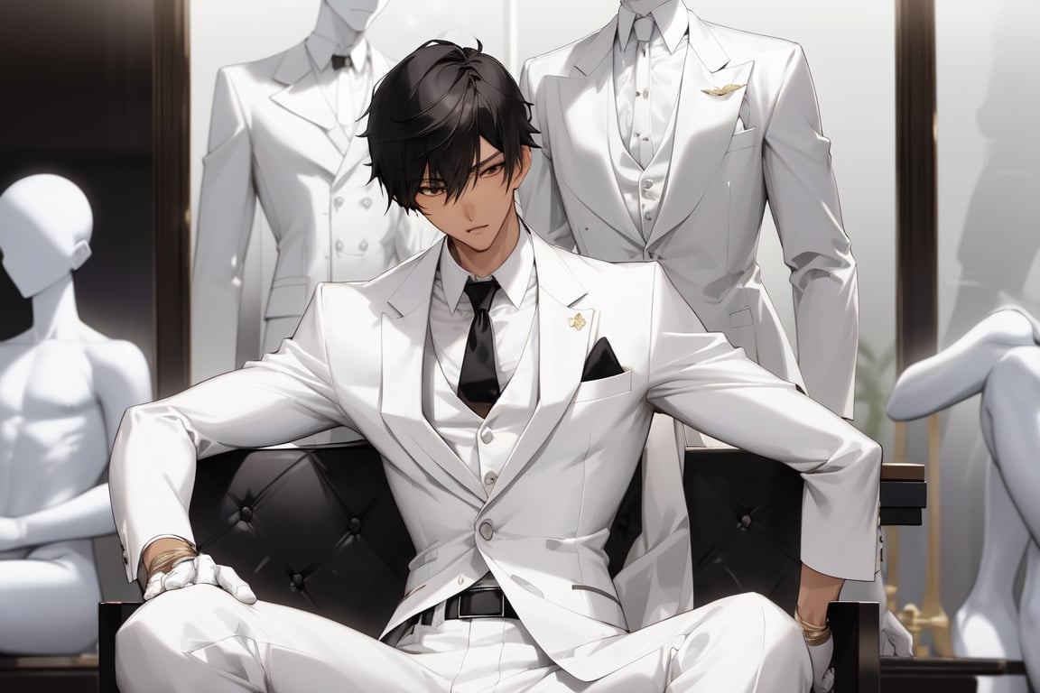 Image of handsome slender shirtless Thai male wearing a white suit with a black tie and belt sitting on a bench surrounded by male mannequins in a store