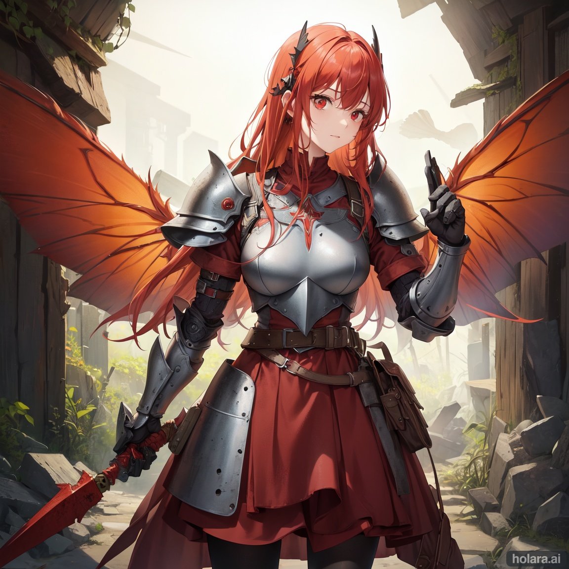Image of Fairy, rust red wings, ash grey armor, creepy looking, Masterpiece, Best Quality