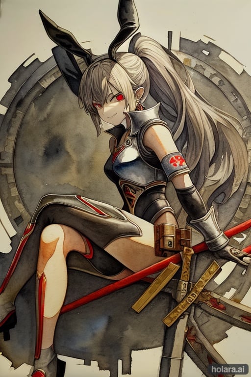 Image of 1girl, solo, traditional media, watercolor painting, lying, crossed legs, from side, evil smile, ponytail, rabbit ears, armor, armband, buttons, earrings, simple background