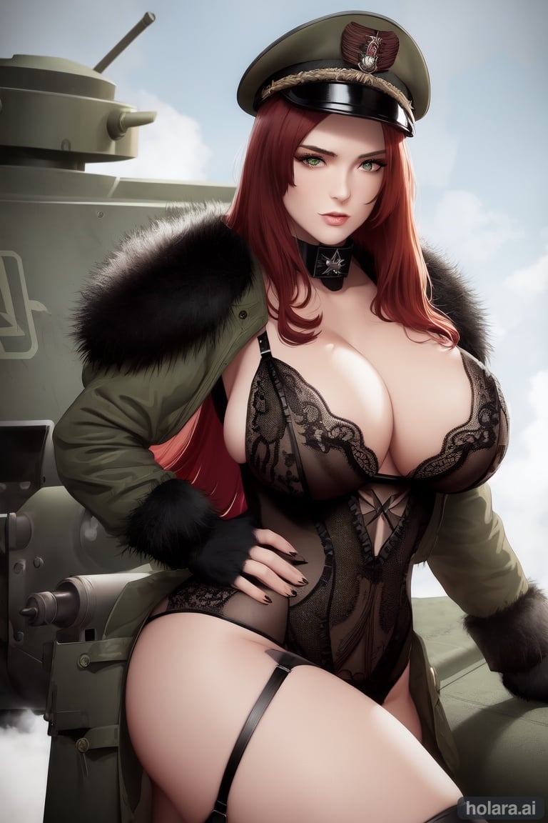 Image of scenery, dieselpunk, tank, female, big breasts+, black lingerie++, military uniform with fur coat, long red hair, green eyes, , milf, holding rifle