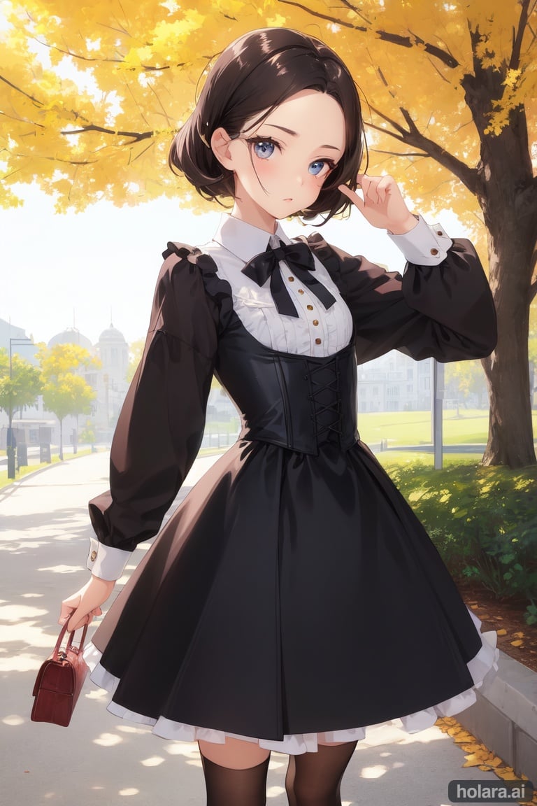 Image of Superb illustration, petite, cute girl, complex, fine eyes, realistic skin texture, outstanding looks, petite, adorable, slicked back hair, cute gesture, mocking pose, dress, long sleeves, collar, long length skirt, corset, cute socks, cowboy shot, outdoors, beautiful park, three-dimensional, deep background, well done building,