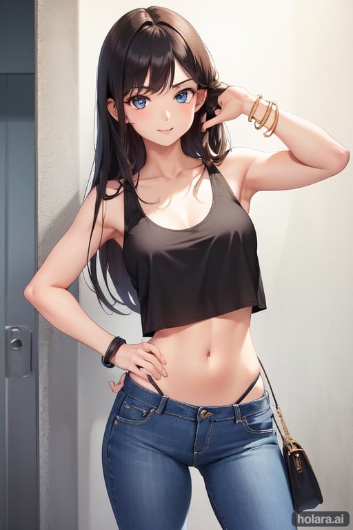 Image of 1 girl, dark hair, straight hair, small breasts, light skin, jeans, tank top, happy, bracelet on wrist, blue eyes, full body, young, detailed face, in love++, detailed skin, standing, smiling, insecure