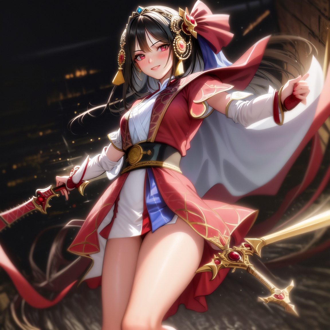 Image of intricate details, delicate textures, small details, pixiv+++, super resolution, absurdres, perfect female proportion, gal, ((nakoruru, ruby rose, kurikara divincarnate)), 1000 layers, 1girl, solo, solo focus, (perfect anatomy, perfect hands)++, (seductive smile)++,blush++, realistic, holding weapon, parted lips, parted hair, (dutch angle)---, action, ((dynamic pose)), detailed clothes, clothes writing, gleaming skin+, wet oily skin+, perspective, detailed background, complex background, light reflection, night sky, moonlight---, ((perfectly detailed eyes)), edge lighting, 