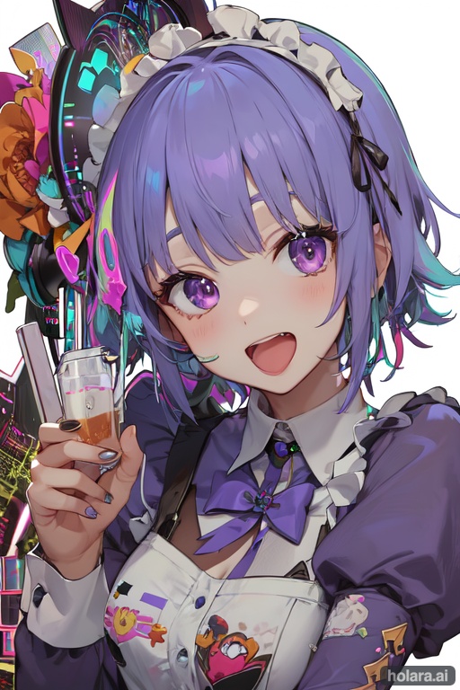 Image of 1girl, maid, glitchy, drugs, purple hair, purple eyes, maid clothes, eyebags