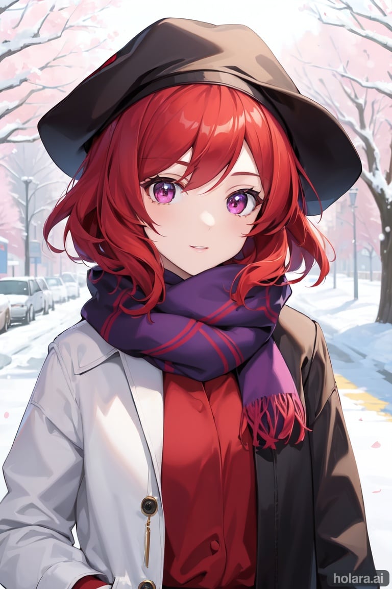 Image of masterpiece, 1girl, nishikino maki, red hair, short hair, purple eyes, scarf, snowy,