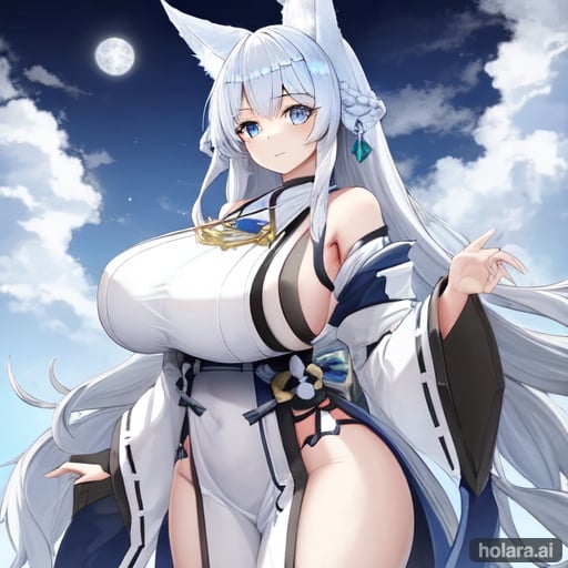 Image of 1girl, solo, long hair, blue eyes, fox ears, gigantic boobs, white hair