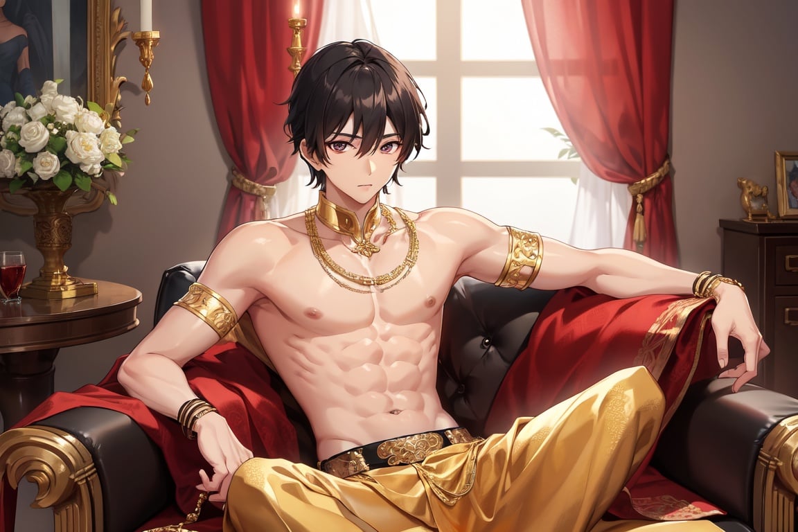 Image of slender Thai male prince with (brown skin+++) wearing a golden crop-top sitting on a pillow in a luxurious throneroom
