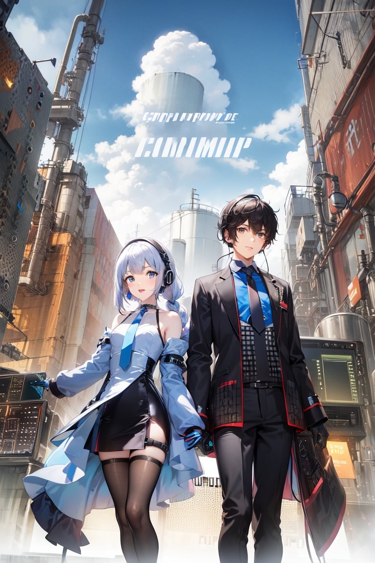 Image of (plastics dress)+++++, ( couple, gentle man)+++, (middle breast)+, (cyborg mecha girl, impossible clothes)++, (stylish angle)++++, (necktie)+++, jitome, (typography industrial Design headphone)++++, (future (computer)+++ cityscape)+++, (cute loli)++, (cropped bangs)---, (braided bun)--, (drill hair)--, (lower bobbed hair)++, braid, (Twin tail)+++, (pony tale)+, (look at viewer)+++, (open mouth smile)+++, ((((((((in heat, wide eyes, blush))))))))), (detached sleevs, very wide sleeves)++++++, (mecha school uniform)+, (blue mecha corset miniskirt)++++++, (((((((((erectile bare s)+++, ()+)))))))), (1 cyborg android middle chest loli)++++, (masterpiece, (excellent finely detailed, best quality), ultra-detailed), (stylish angle)+, (gleaming skin)+++++, glow eye, (eyes highlight)++++, tsurime, ((((choker)))), (black gloves, slobber, material texture), (beautiful light effect)+++++, (beautiful scene)++++++,