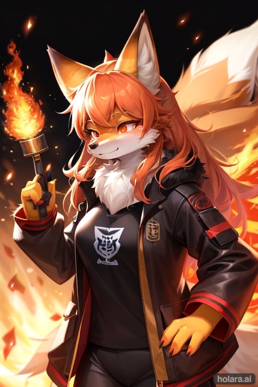 Image of A girl with and fox ears and fire background with a fox standing on her shoulder