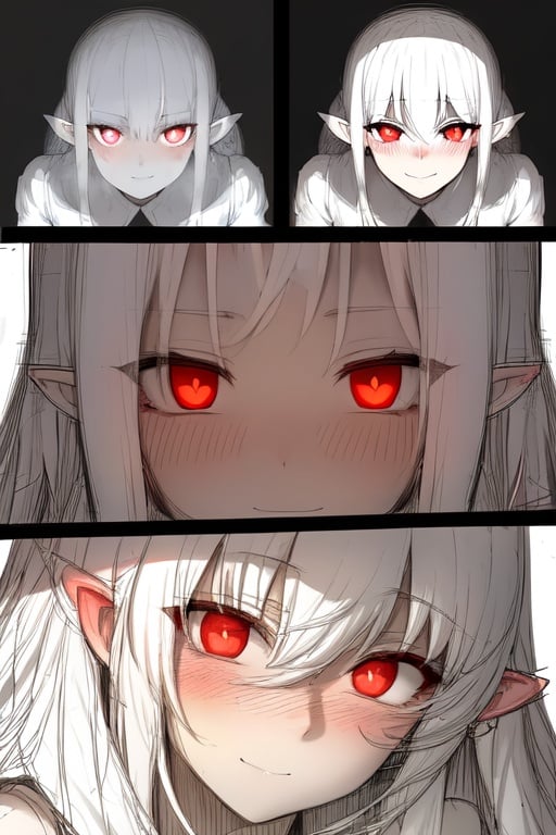 Image of looking at the viewer+++, sketch+++, anime girl+++, white hair+++, white clothing+++, yandere++, monochrome, red eyes, heart-shaped pupils+, smile, pointy ears++, pov, full face blush+, heavy breathing++, steaming body++, simple white background+++,