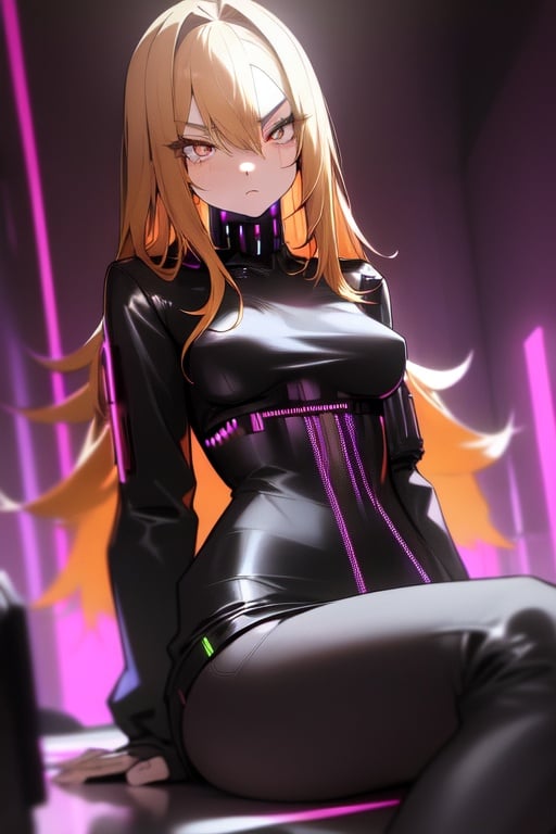 Image of 1girl, hypnotic+, brown eyes++, blond hair, long hair, mesmerizing, staring, dominant++, charming++, pullover, night, long sleeves, expressive eyes+++, looking at viewer, cyberpunk+++, boots, mature+++, harsh, small breast