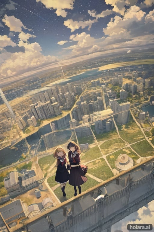 Image of 2girls, scenery, from above, jacket, ascot, lace trim, neck ribbon, starry sky