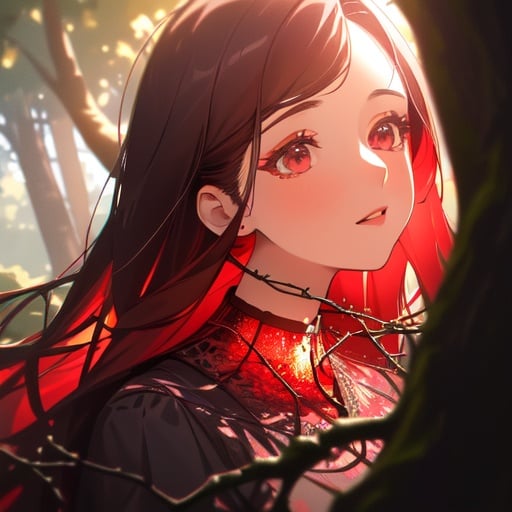 Image of 1woman+++, dress skirt, full body shot, close side shot, perfect eyes, perfect face, perfect mouth, Ultra Detailed++, Treehouse++ Dreamlike,, Vibrant Colors, Forest in Background+, , red lanterns tied onto branches+, , chromatic aberration, soft red lighting+, god rays++, close up++ 