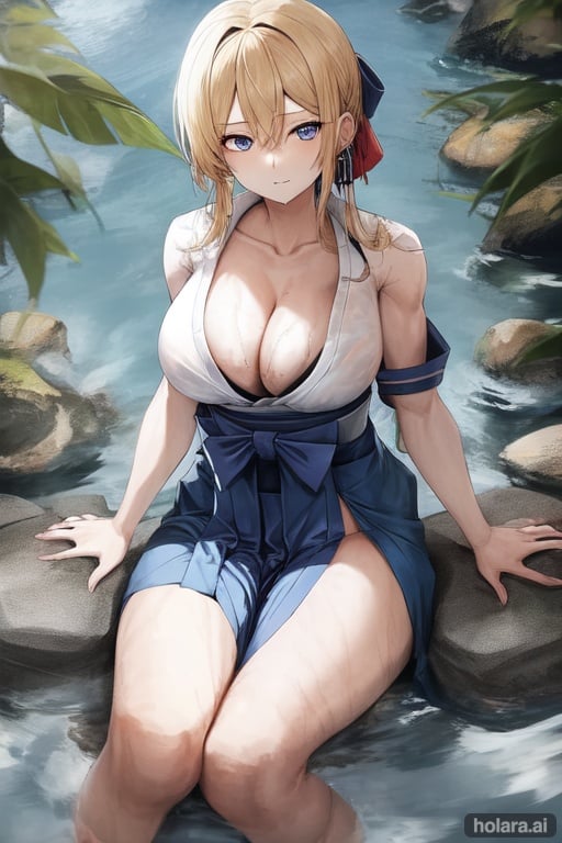 Image of blonde hair, blue eyes, blue hakama, large breasts, muscular, wet shirt