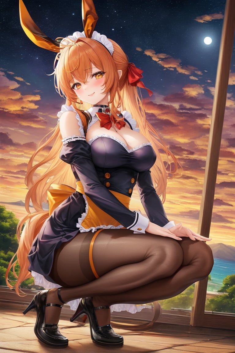 Image of 1girl, solo, soft lighting, squatting, dutch angle, orange hair, amber eyes, hair ribbon, pointy ears, maid dress, pantyhose