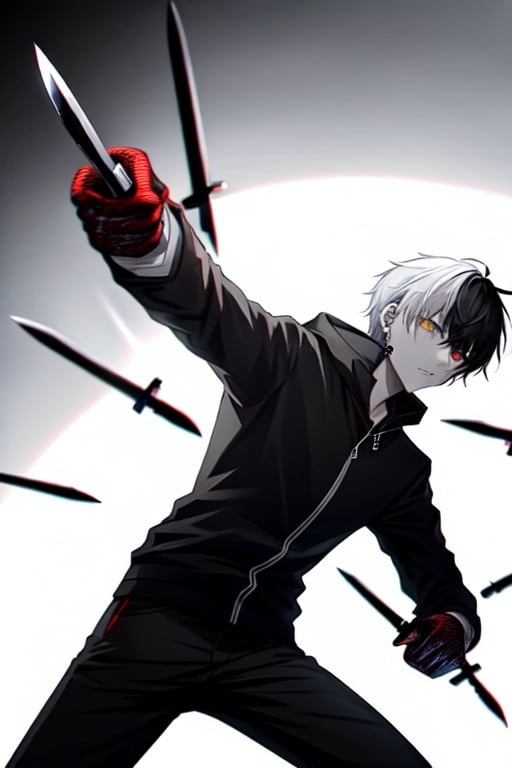 Image of 1 male, white jacket, hoody on, (grabbing a knife)+++, soulless look, (cold colors)++, predominance of shadows, (cuts)---, mouth open, (blood stains in his clothes)---, (bloody knife)++++, dynamic pose