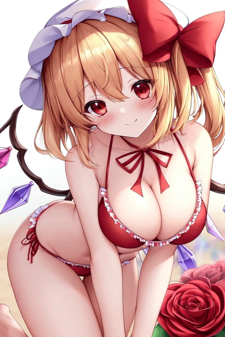 Image of masterpiece++, best quality++, ultra-detailed+,  extremely detailed++, 4k++, 8k++, (focus background)++, focus on breast, front view, centered in the chest, Close-up of people, a cute girl++, translucent hair, touhou project+++, Flandre Scarlet+++, medium breasts, rainbow-colored gem wings+,  Cute ruffled bikini+, delicate hands+, delicate legs+, (beautiful)+, (cute girl)++, bent forward++, date-style, getting red in the face, blond hair+++, beautiful feet+, thick_thighs+, red rose ribbon+++, beach, see your boobs+, barefoot, Delicate and beautiful eyes++, standing, 
side ponytail++, beautiful red eyes+, short hair++, Whitecuff+++, kind smile, hat+, seductive thighs++, blonde hair, From the front, noon, 