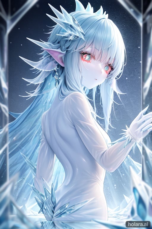 (monster girl make of ice sharps)++, (skin made of ice)+, (ice sharps)+, (translucent skin)++, (reflecting lights)+++, snowy forest, snowflakes
