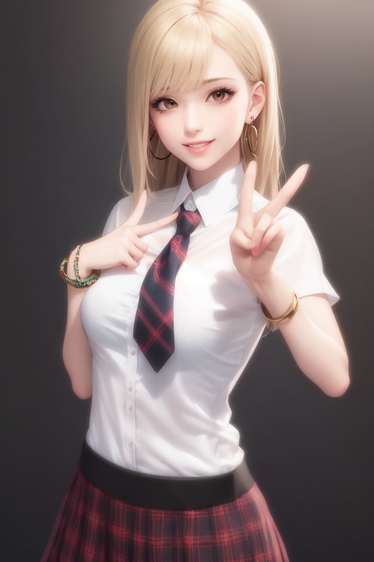 Image of 1girl, solo, ((realistic)), masterpiece++, (peace sign)++, action pose++, ((from side)), slender, jewelry, earrings, skirt, gradient, gradient background, plaid, solo, long hair, bracelet, necktie, plaid skirt, smile, piercing, school uniform, blonde hair, pleated skirt, looking at viewer, shirt, mawhaa, ear piercing, medium breasts, breasts, white shirt, bangs