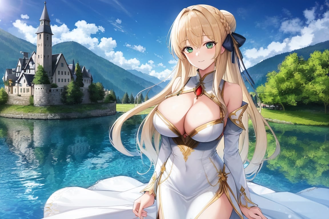 Image of Snowy mountains, 1 large beautiful lake, 1 high detail german village below the a castle on the lake, spring time, village street on the lake view of the village, high detailed 1female+, very detailed highest quality y young beautiful woman extremely tall+, skinny, white dress, beautiful detailed green eyes+, long beautiful long blonde hair, pony tail, height comparison with german house, masterpiece