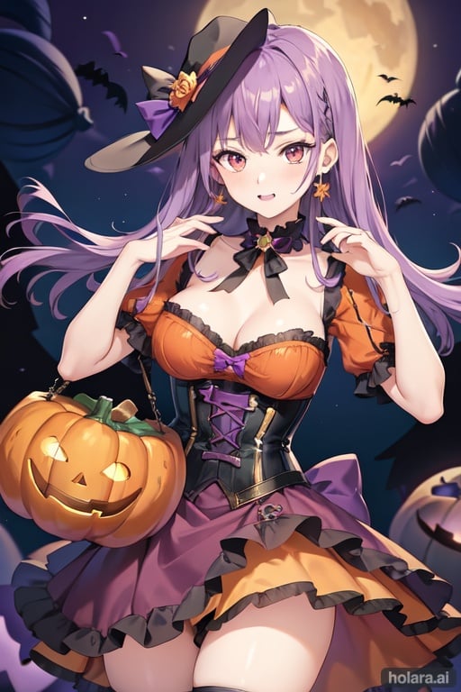 Image of Purple hair, orange eyes, halloween, pumpkin, candy, purple and orange dress, 1girl, corset