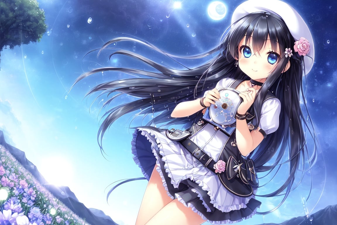 Image of masterpiece++, best quality++, ultra-detailed+, kawaii++, cute, lovely+, ilustration++, (chibi)+++, baby, (focus background), flower field, beautiful sky, full moon, moonshine, moonrise, sunrise, sunshine, starry sky, picnic, tablecloth, cakes, food, cups, tree, petals in the hair+++, fireflies++, snow, mountain+, a cute girl, beautiful blue eyes++, beautiful black hair++, long hair++, (complex mini-skirt)++, flowers in hand, beret, belt, accessories, cute stockings, necklace, choker, bracelets, belt, light smile, blush, water drops++, translucent hair, transparent hair, light effect, cinematic light++, wind effect,++