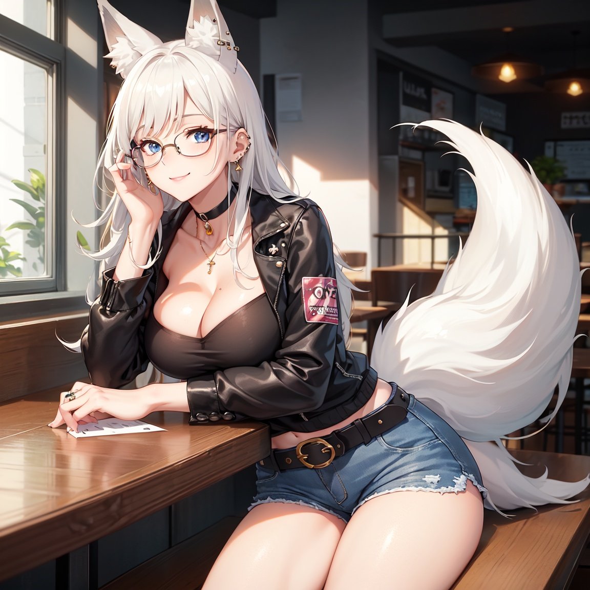 Image of relaxed expression, happy, smiling, masterpiece++, ultra-detailed++, best shadows++, best lighting++, best quality++, rim lighting,1girl, solo, piercing, choker, ear piercing, jewelry, super shiny skin++, oily skin+, mature, mature woman, fox girl, fox ears, white fox ears, long hair, white hair, blue eyes, large breasts++, white shirt, t-shirt, black jacket, black choker,  denim shorts, booty shorts, belt, indoors, sitting, coffee, coffee shop, cleavage+, tail, glasses, round glasses, 