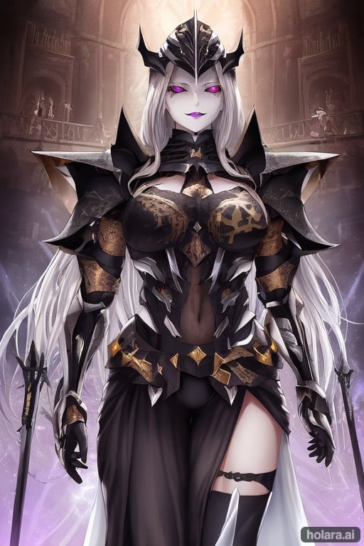 Image of (Dark Dynasty)++, (Skull head helmet)++, (born exoskeleton armour)++, evil++, Maid, Leotard, skeletal,  ghostly, dark eyeshadow, grey lips, erotic lips, Metallic Luster Texture, Skull Head Accessories, Very detailed beautiful eyes, thigh, iron gauntlet, Mechanisms, gears, Transformation Experimental Empire, Evil corruption, brainwashing, Near future, cyborg, cyberpunk, body printed bar code, masterpiece++, official++, extremely shiny fabric,  extremely shiny clothes, extremely wrinkled fabric, extremely shiny fabric,  clothes reflecting light, solo, evil smile,  long hair,   (amazing fine details)+,  all intricate,  awesome  many layers,