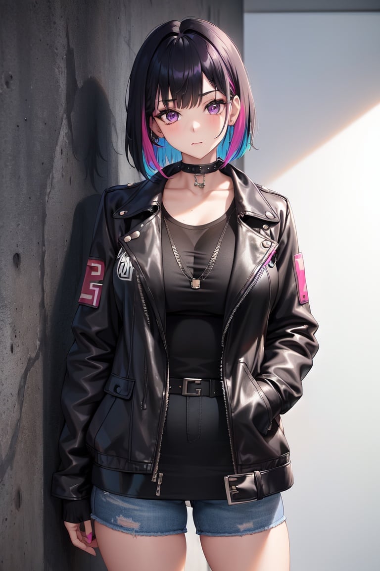 Image of 1girl, solo, standing up, facing viewer, multicolored hair, black hair, bangs++, dark makeup, curvy, goth hair, huge breasts, multi-colored hair, short hair, pixie cut, black hair, purple hair, curvy, purple eyes, plump, black choker, curvy, milf, blunt bangs, leather jacket, (closed jacket)++, leather jeans, t-shirt, (bored look)+, leaning towards the wall, inside mall center, hands in pocket of jacket
