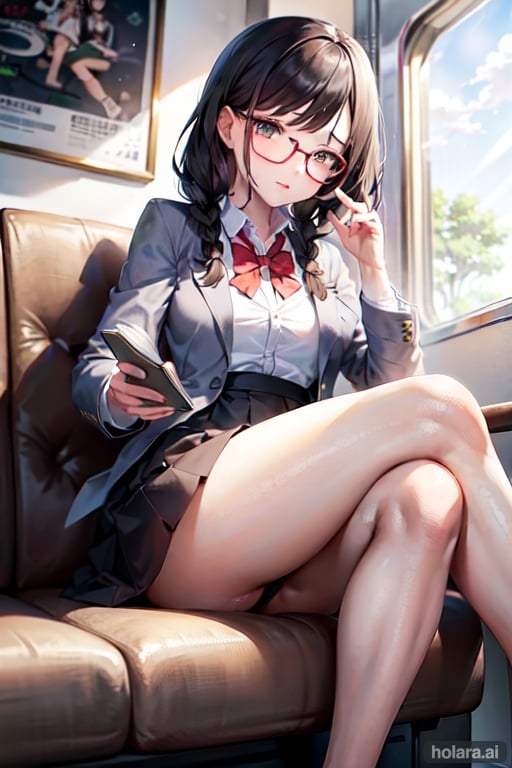 Image of masterpiece,best quality)),(One girl,school uniform),On the train,((Cool Girl)),(slanted eyes,round glasses,The girl is reading a book,twin braids),(Legs crossed),(dark-eyed,black hair,thin,tiny breasts),