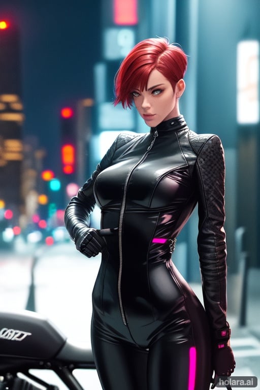 Image of girl on bike, motorcycle, leather outfit, short hair, dark colors, cyberpunk, neon lights, red hair, sexy, bodysuit++, night time, city street, gloves, jacket, rain