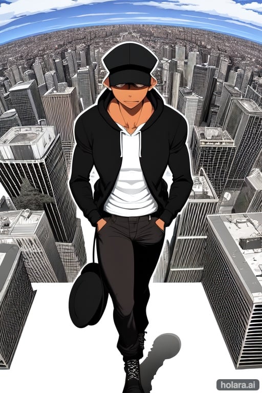 Image of manly guy, masculine, (anatomically perfect hands)+++, (flat colors)+++, (flat shadows)++, city scape, traffic, hoody, baggy pants, on top of building, brown_man, hat, smug, (manga cover)