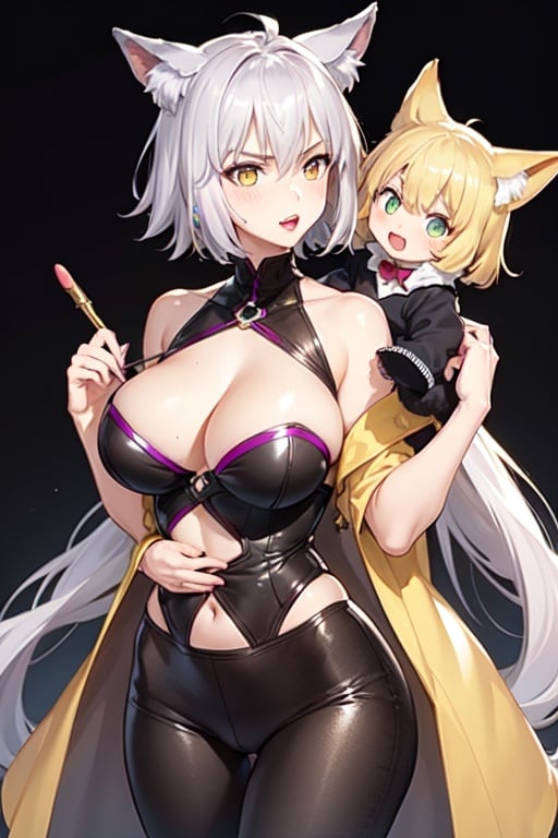 Image of Jeanne d'arc alter, human, cleavage, lipstick, pants, holding baby, fox girl, purple hair