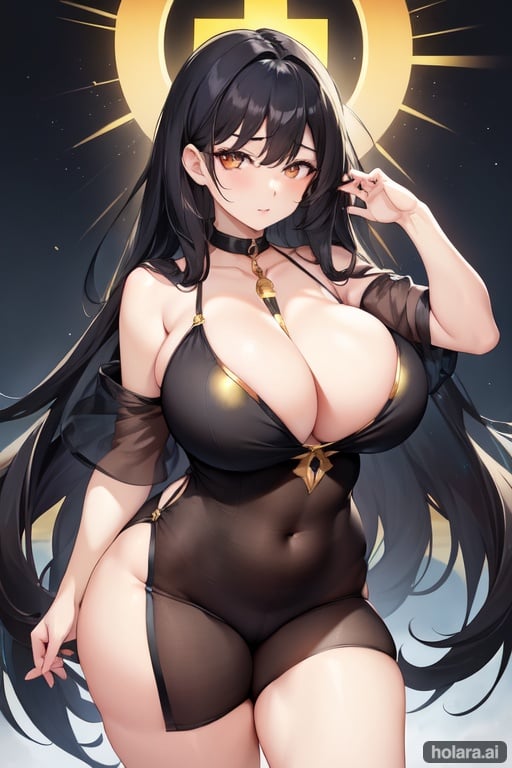 Image of Chubby, big breasts black hair, golden eyes long hair , eyebrows visible through hair, bare shoulders, , open clothes