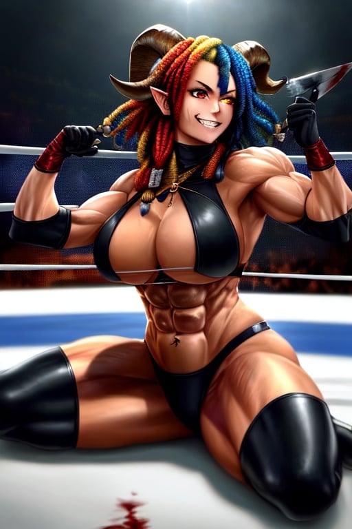 Image of masterpiece+++,best quality+++, high resolution,  textile shadow, ultra-detailed, technical detailed,wrestling ring, indoors, perfect anatomy, cinematic lighting, photorealistic++, (1woman wrestler), (solo)++,  (odd eyes), sharped eye, scarred face, (two-tone hair, blue hair, red hair, medium hair, dreadlocks)+++, (goat horn)++, (devil wings)++, muscular+++, (gigantic hands)++, looks smelly, (dark skin)+, (wrestling bikini), black high boots, black gloves,Iron gloves, blood on mouth, (licking blood)+, cool+++,,holding knife+, evil smile+++,  (complex body)+,large breasts, dreamlike+, vivid+++,  (photography)++, fighting stance)+++, (burning The corpse)++,