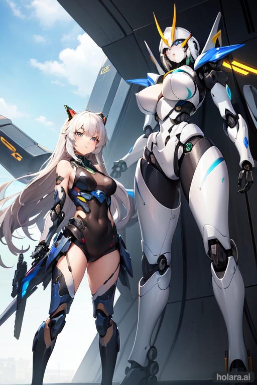 1 girls, beautiful eyes, {{covered in heavy mecha armor}}, shiny, {{futuristic}}, bright colors, long hair, serious expression.
